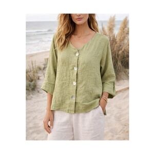 Sage Linen Blend Coastal Grandmother Top Abalone Shell Buttons M Artful Minimal